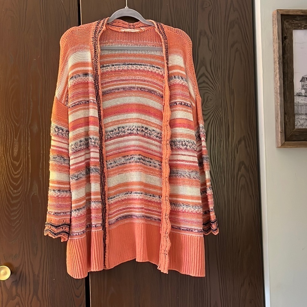 Soft Surroudings melon colored with multi-colored stripes long sweater. Size Med